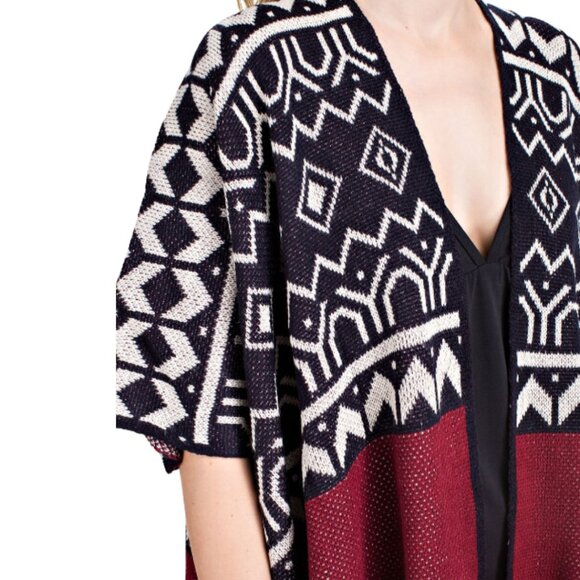 VOCAL Aztec Print Fringed Open Front Poncho Cardigan Sweater S-XL NWT - Picture 3 of 5